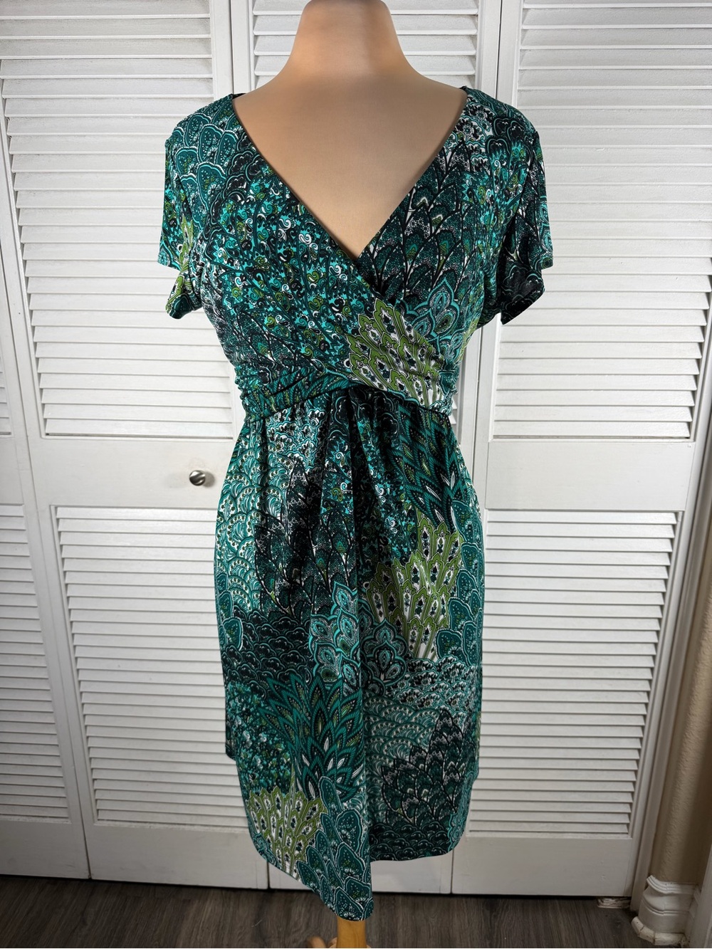 A.B. Studio XL Teal Paisley Faux Wrap Dress Waist Tie Short Sleeve
